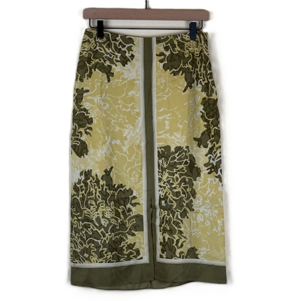 Banana Republic Silk Midi Skirt Sz 6 Lined Green Botanical Print Front Slit READ